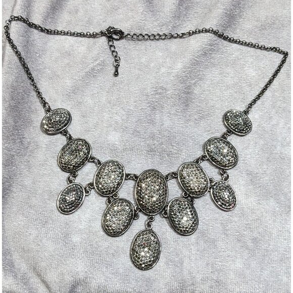 Glam Goth Sparkly Pave Silver Tone Rhinestone Bib Necklace - Picture 6 of 6